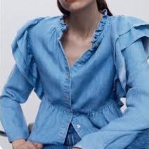 NEW Zara Ruffled Denim Top Size M - Picture 2 of 10